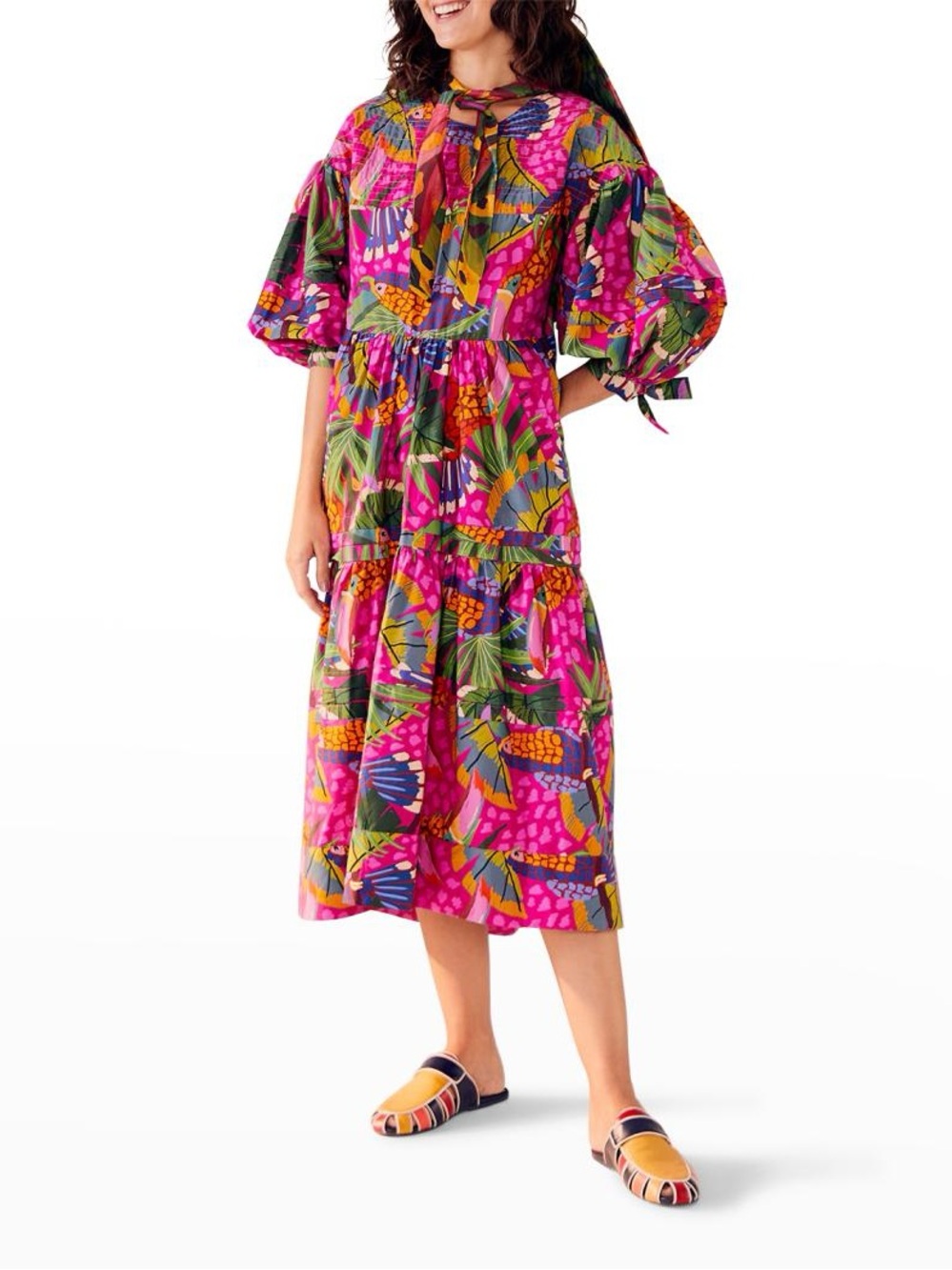 Farm Rio - Pink Painted Toucans Tiered Midi Dress - Size M - Good Used Condition